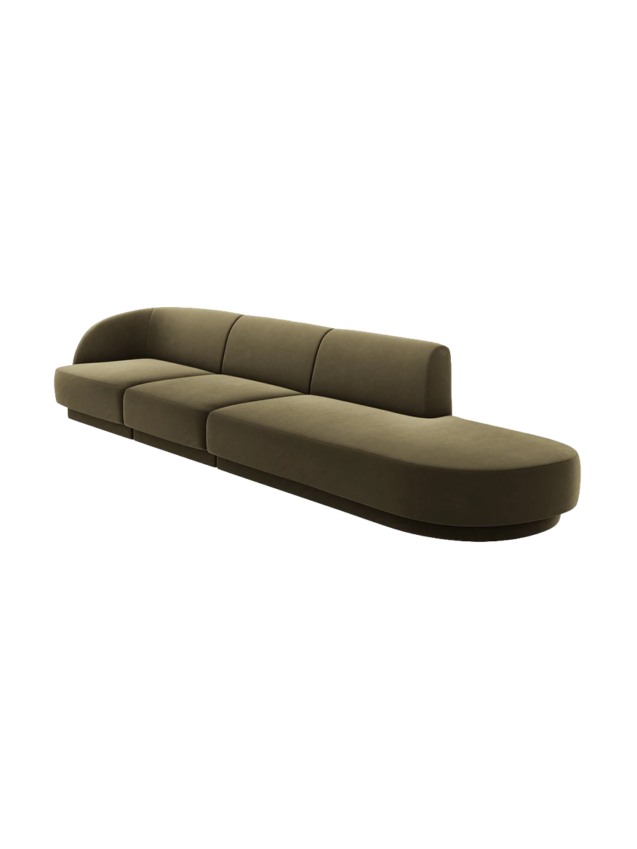 
Modulares Design Sofa mit Ottomane „Miley“ (4-Sitzer) - Samt Grün / Ottomane rechts
