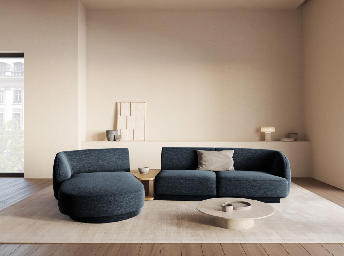 
Modulares Design Ecksofa „Miley“ mit Beistelltisch (3-Sitzer) - Chenille Dunkelblau / Eckteil links