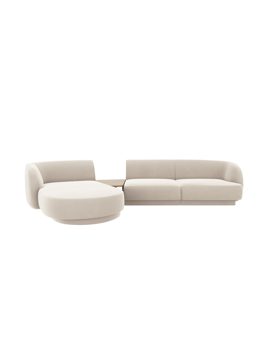 
Modulares Design Ecksofa „Miley“ mit Beistelltisch (3-Sitzer) - Samt Light Beige / Eckteil links