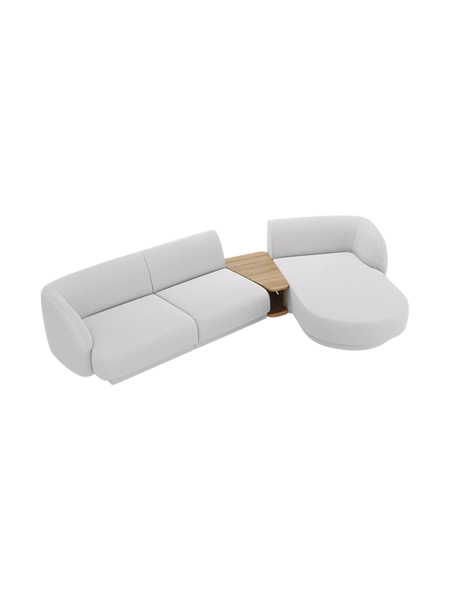 
Modulares Design Ecksofa „Miley“ mit Beistelltisch (3-Sitzer) - Bouclé Hellgrau / Eckteil rechts