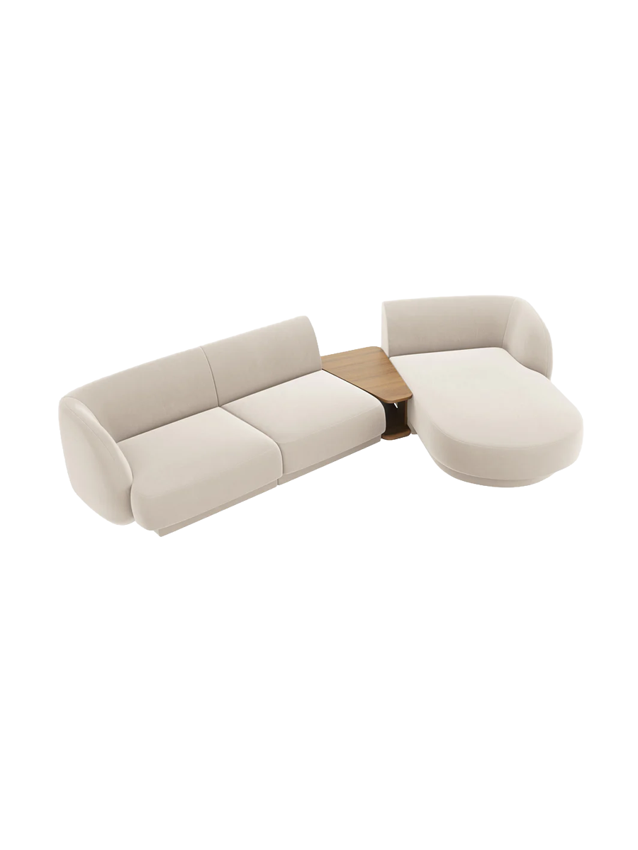 
Modulares Design Ecksofa „Miley“ mit Beistelltisch (3-Sitzer) - Samt Light Beige / Eckteil rechts