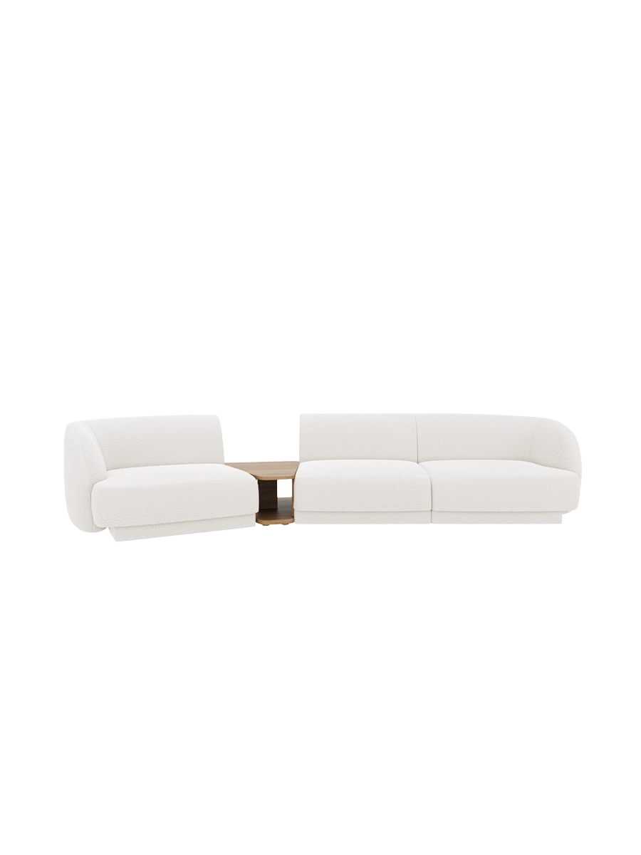 
Modulares Design Sofa „Miley“ mit Beistelltisch (3-Sitzer) - Bouclé Weiss / Abgerundete Seite links