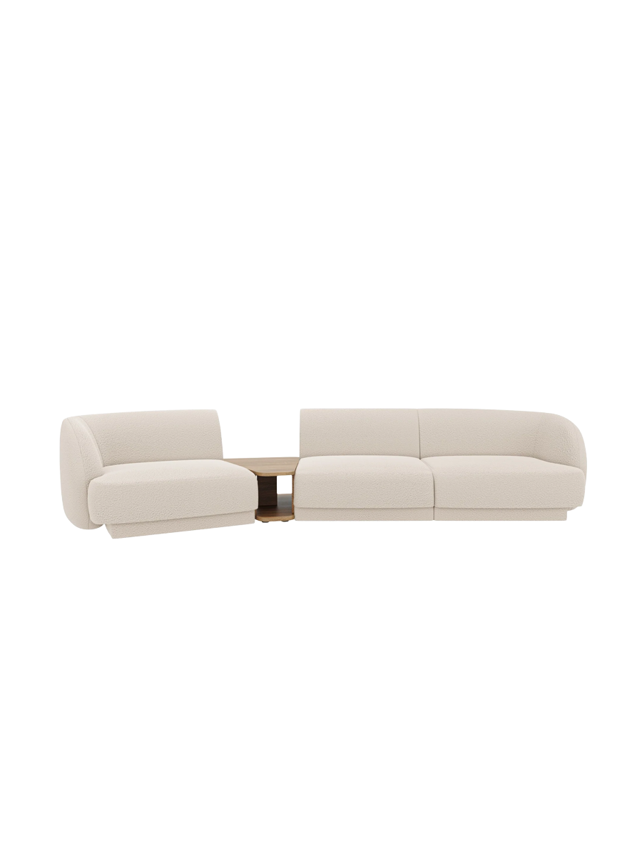 
Modulares Design Sofa „Miley“ mit Beistelltisch (3-Sitzer) - Bouclé Beige / Abgerundete Seite links