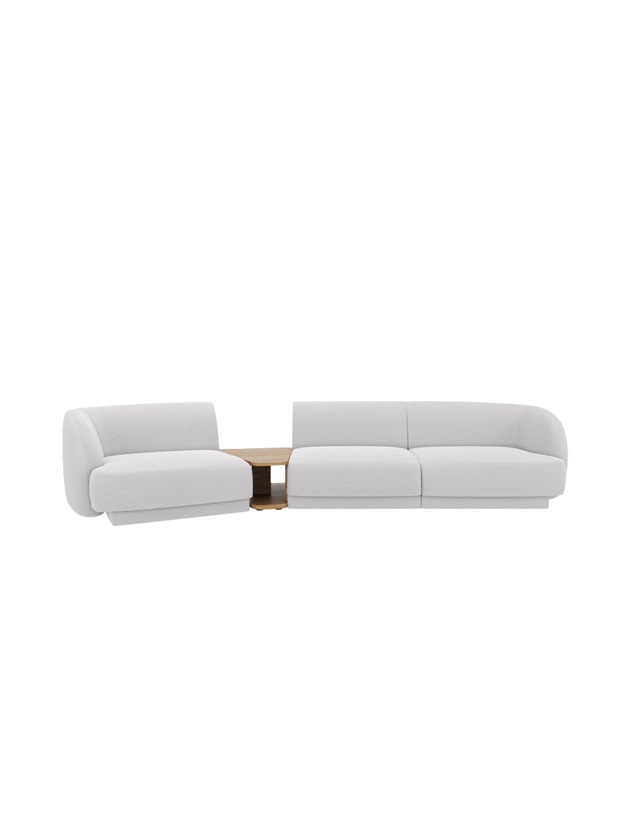 
Modulares Design Sofa „Miley“ mit Beistelltisch (3-Sitzer) - Bouclé Hellgrau / Abgerundete Seite links