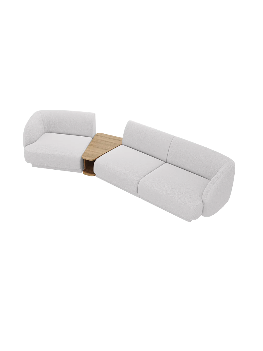 
Modulares Design Sofa „Miley“ mit Beistelltisch (3-Sitzer) - Bouclé Hellgrau / Abgerundete Seite links