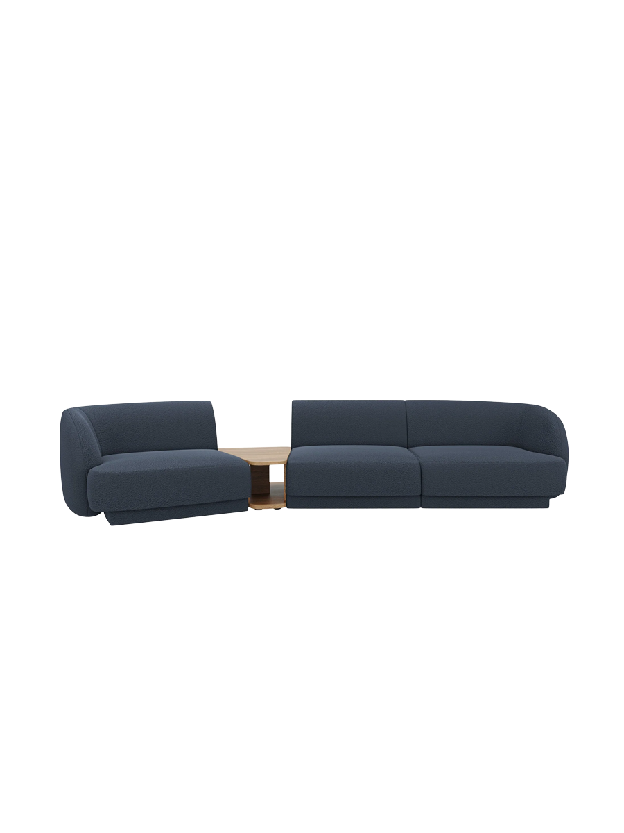 
Modulares Design Sofa „Miley“ mit Beistelltisch (3-Sitzer) - Bouclé Dunkelblau / Abgerundete Seite links