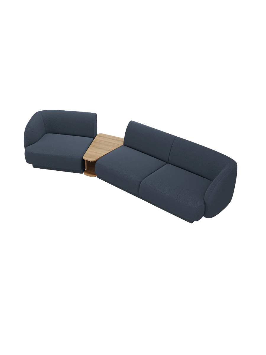 
Modulares Design Sofa „Miley“ mit Beistelltisch (3-Sitzer) - Bouclé Dunkelblau / Abgerundete Seite links