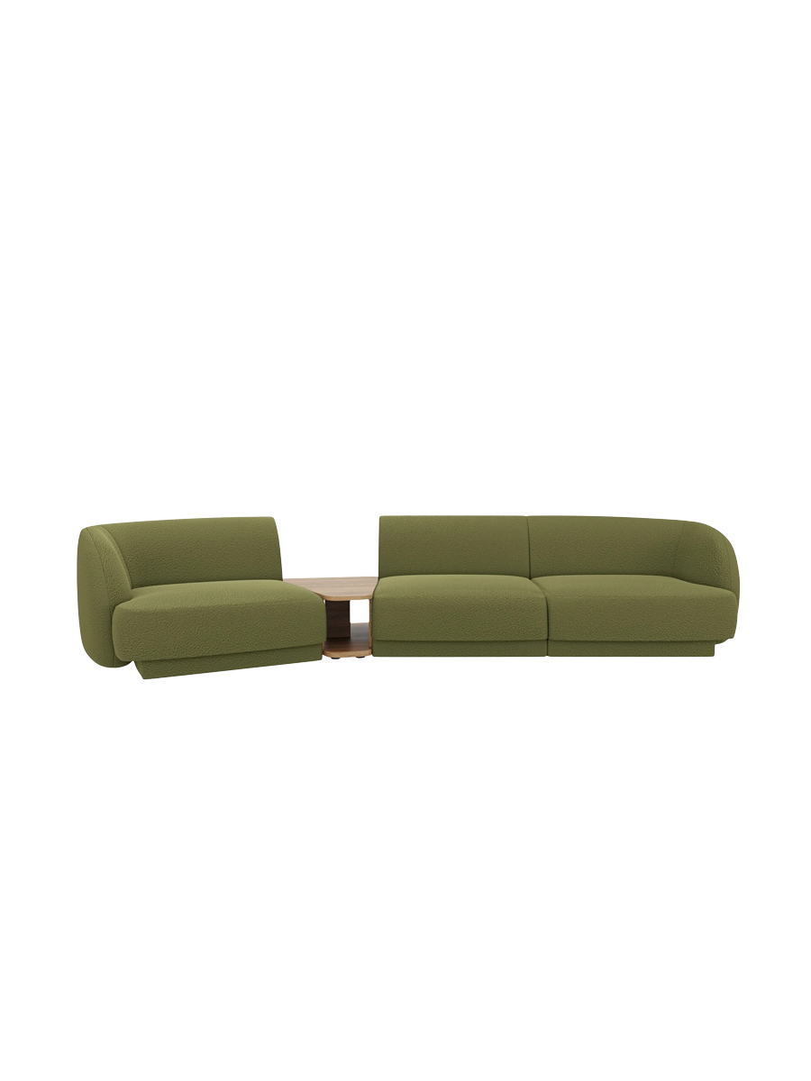 
Modulares Design Sofa „Miley“ mit Beistelltisch (3-Sitzer) - Bouclé Olivgrün / Abgerundete Seite links