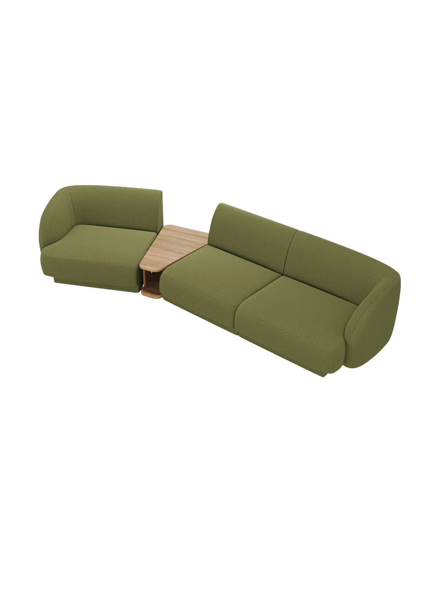 
Modulares Design Sofa „Miley“ mit Beistelltisch (3-Sitzer) - Bouclé Olivgrün / Abgerundete Seite links