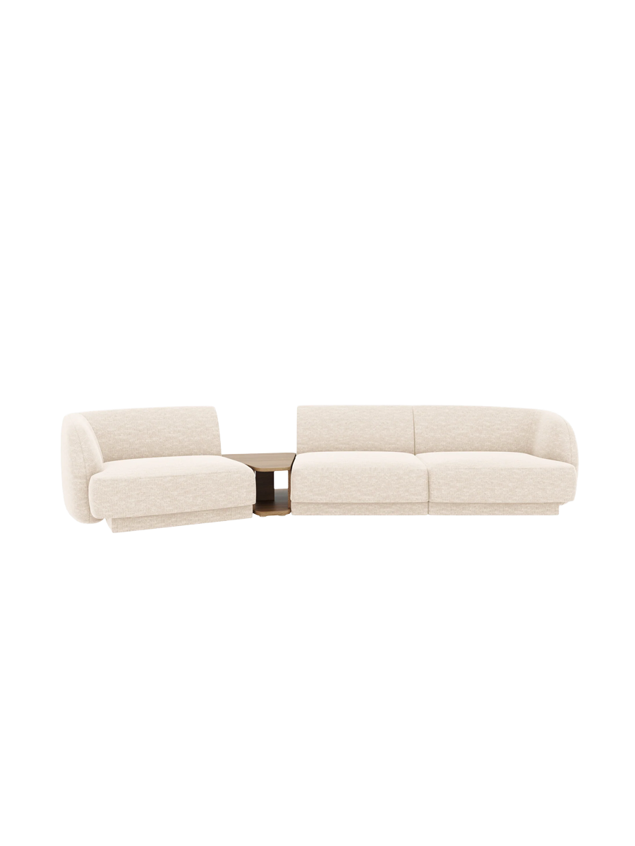 
Modulares Design Sofa „Miley“ mit Beistelltisch (3-Sitzer) - Chenille Light Beige / Abgerundete Seite links