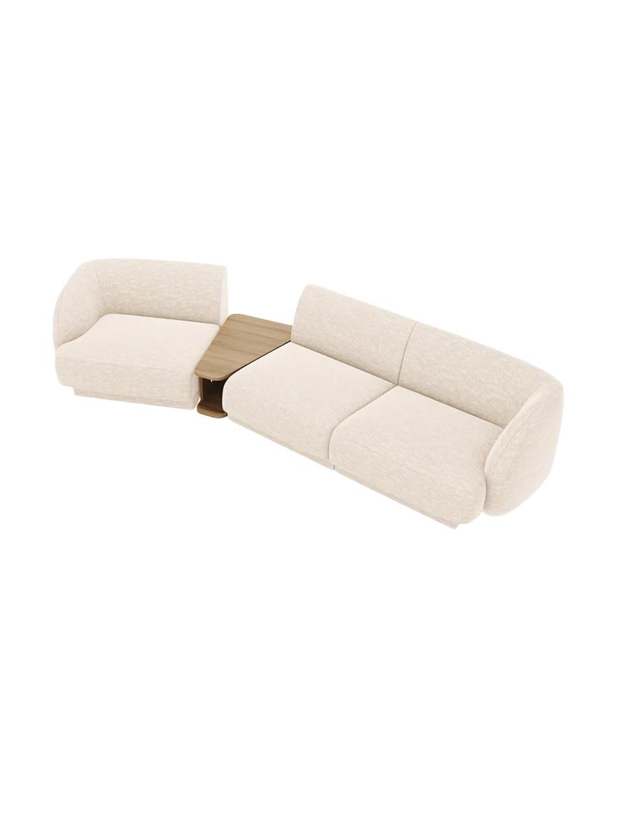 
Modulares Design Sofa „Miley“ mit Beistelltisch (3-Sitzer) - Chenille Light Beige / Abgerundete Seite links