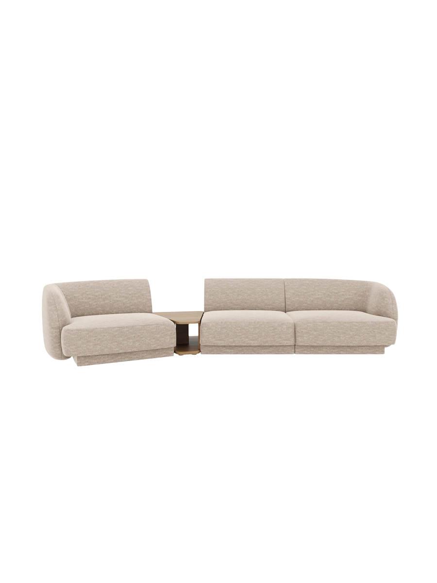 
Modulares Design Sofa „Miley“ mit Beistelltisch (3-Sitzer) - Chenille Beige / Abgerundete Seite links