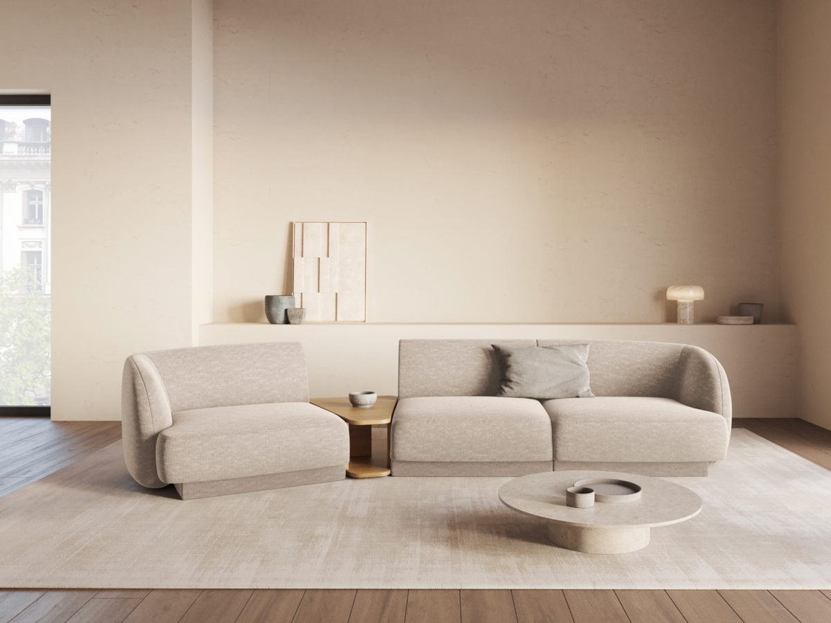
Modulares Design Sofa „Miley“ mit Beistelltisch (3-Sitzer) - Chenille Beige / Abgerundete Seite links