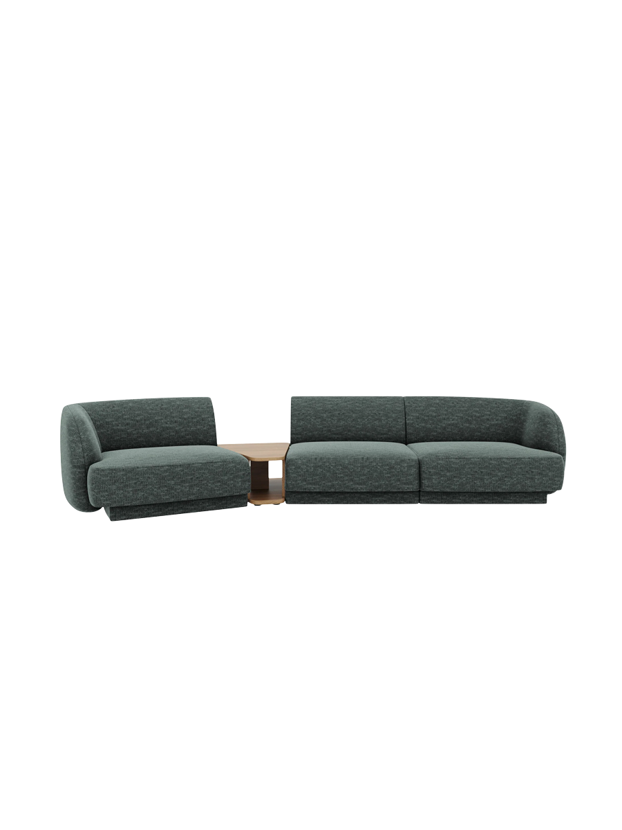 
Modulares Design Sofa „Miley“ mit Beistelltisch (3-Sitzer) - Chenille Petrol / Abgerundete Seite links
