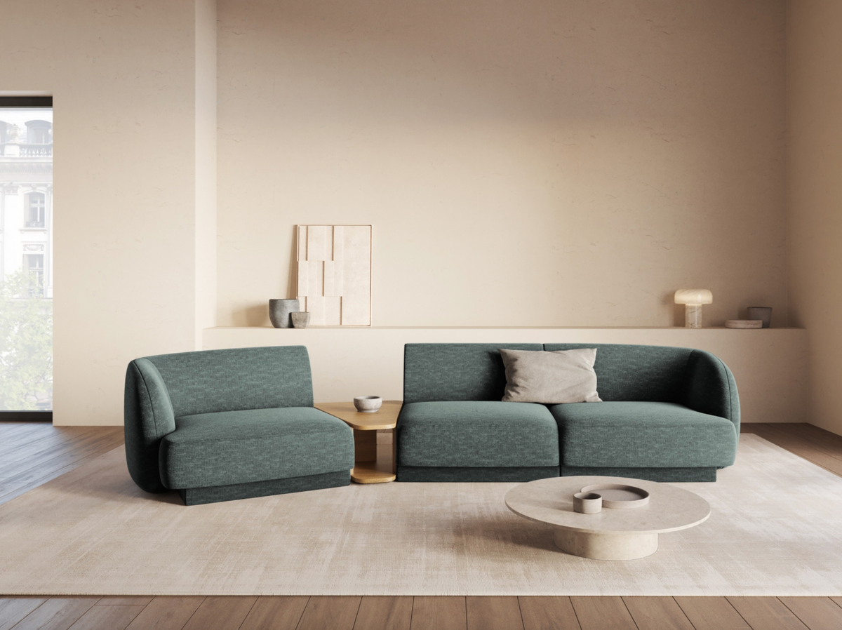 
Modulares Design Sofa „Miley“ mit Beistelltisch (3-Sitzer) - Chenille Petrol / Abgerundete Seite links