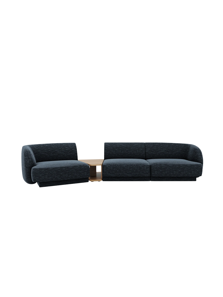 
Modulares Design Sofa „Miley“ mit Beistelltisch (3-Sitzer) - Chenille Dunkelblau / Abgerundete Seite links