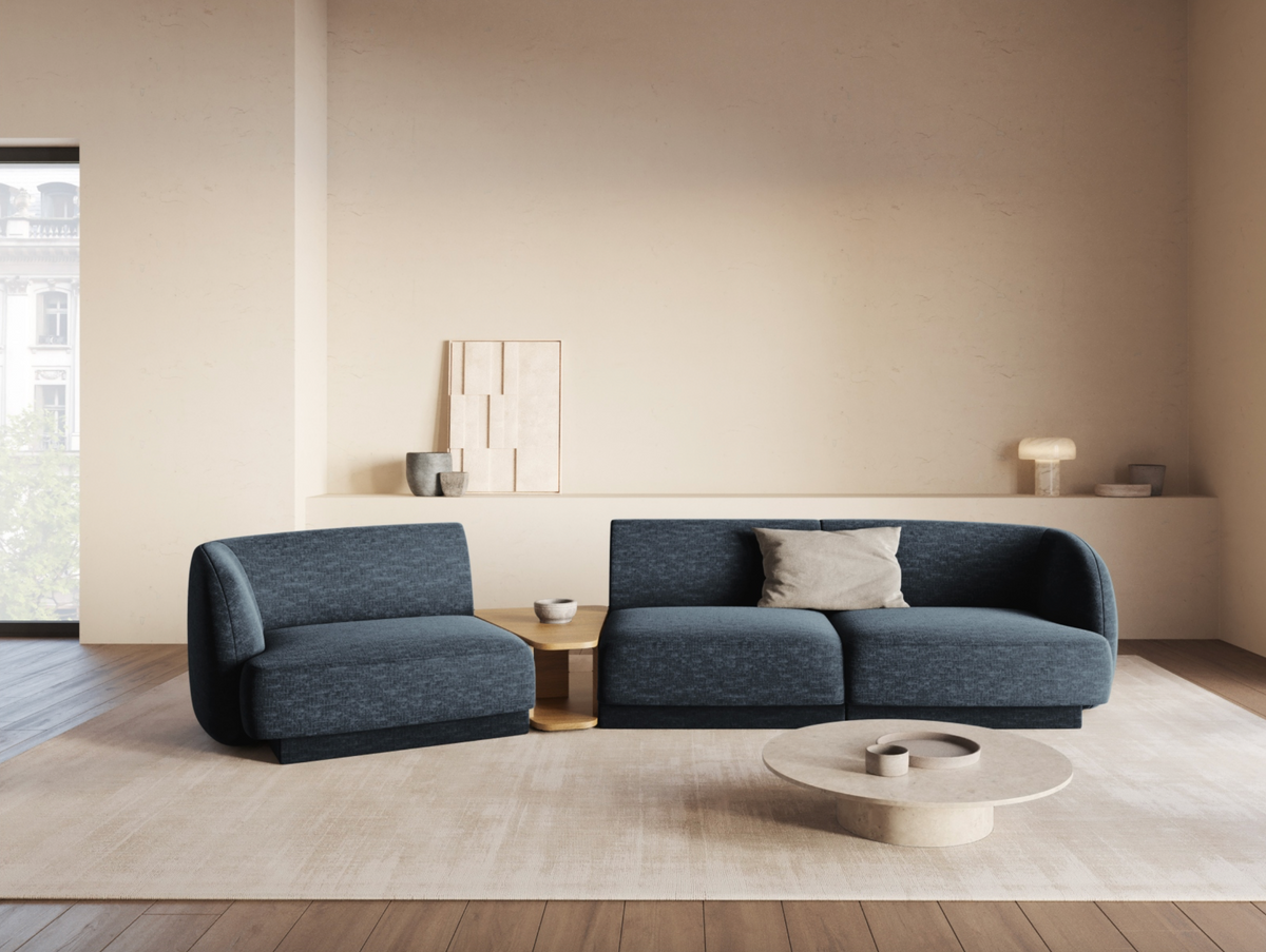 
Modulares Design Sofa „Miley“ mit Beistelltisch (3-Sitzer) - Chenille Dunkelblau / Abgerundete Seite links