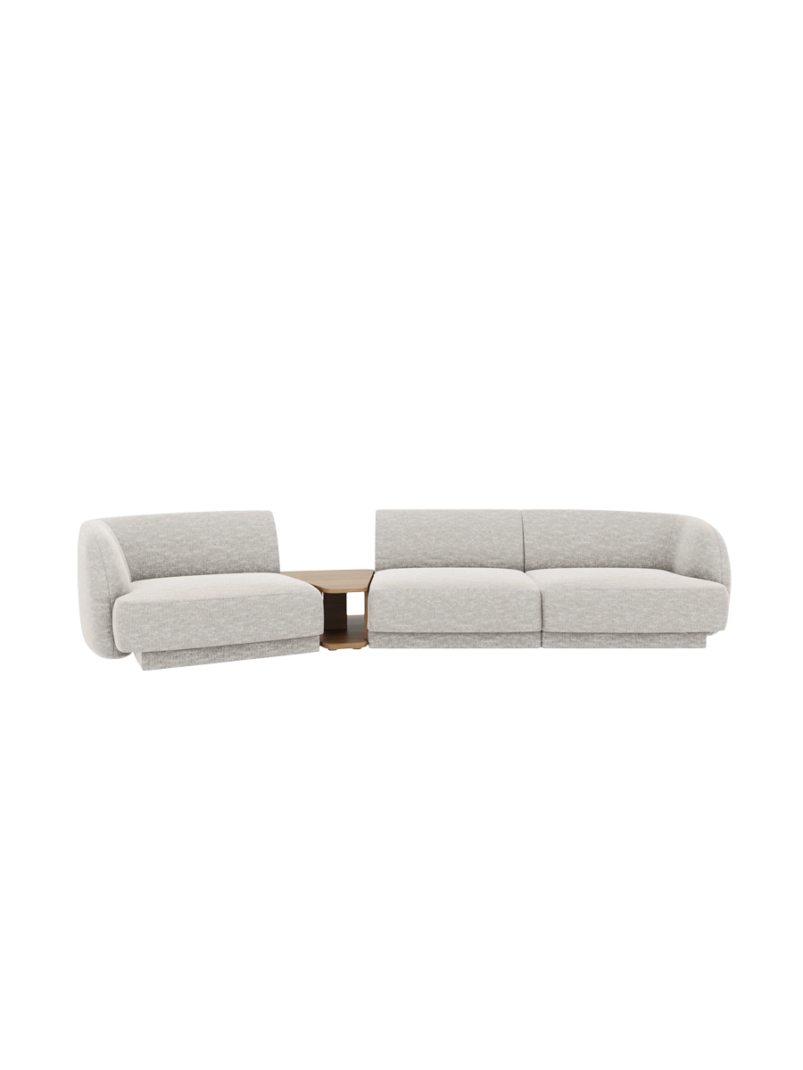 
Modulares Design Sofa „Miley“ mit Beistelltisch (3-Sitzer) - Chenille Hellgrau / Abgerundete Seite links