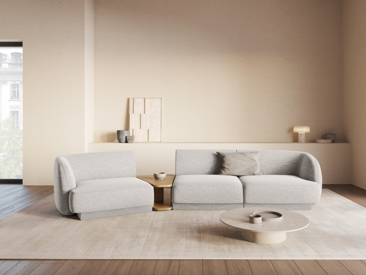 
Modulares Design Sofa „Miley“ mit Beistelltisch (3-Sitzer) - Chenille Hellgrau / Abgerundete Seite links