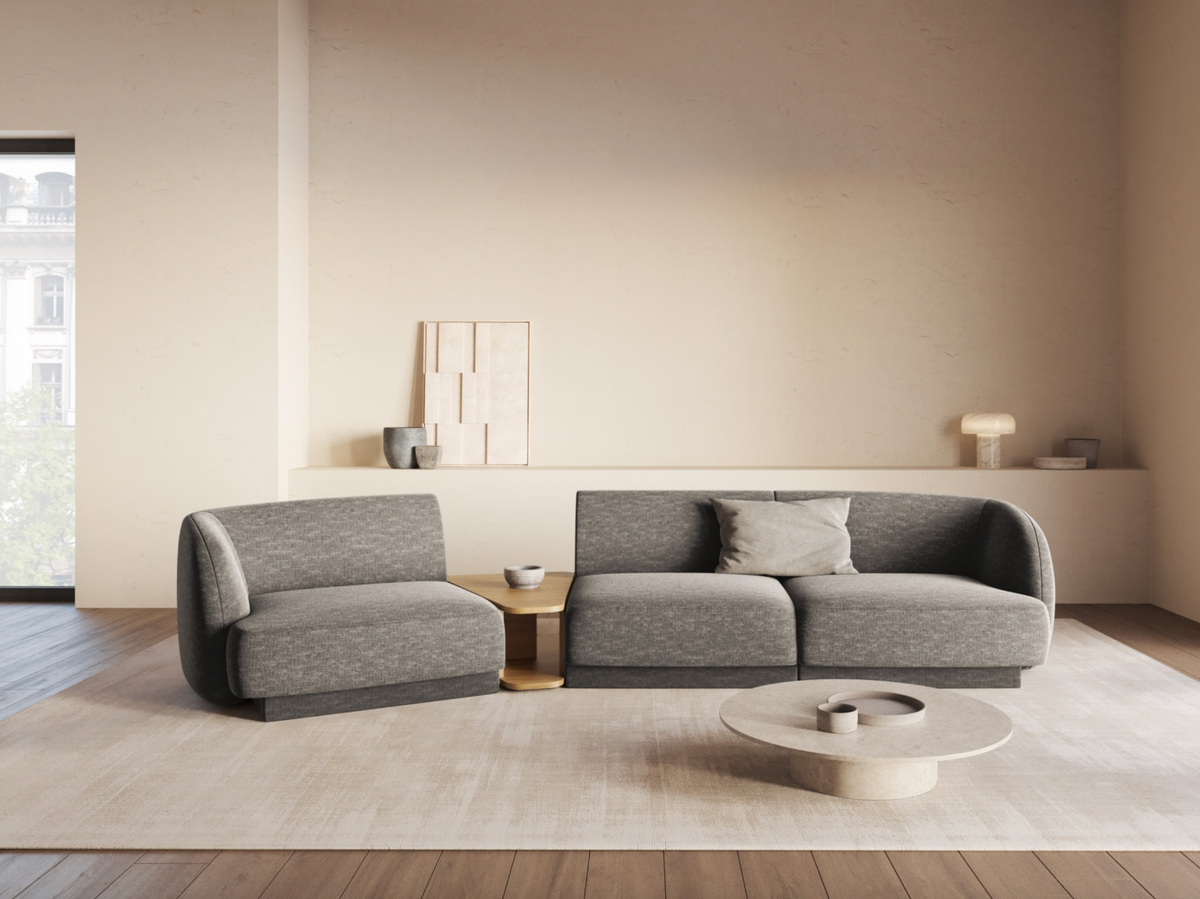 
Modulares Design Sofa „Miley“ mit Beistelltisch (3-Sitzer) - Chenille Grau / Abgerundete Seite links