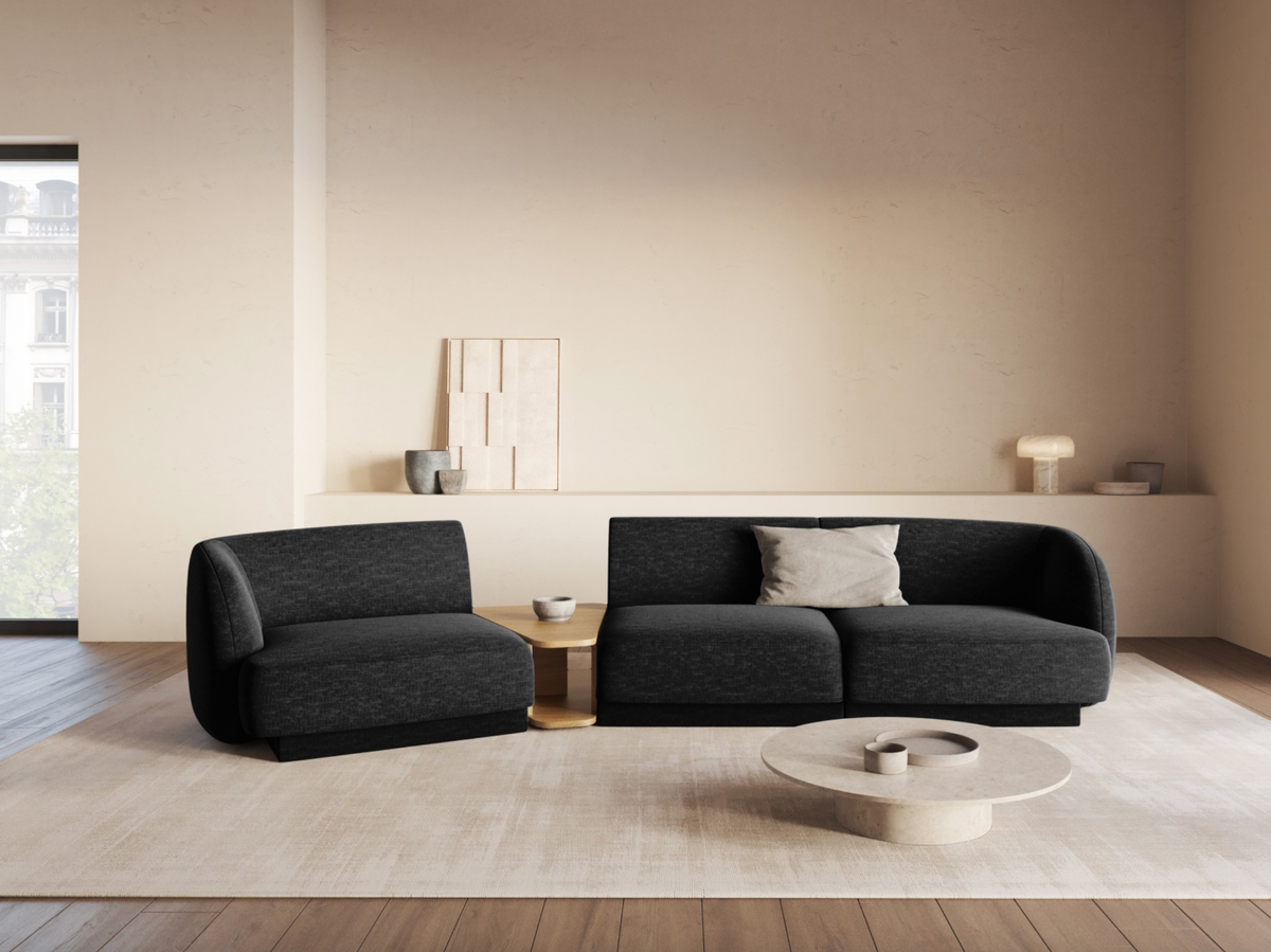 
Modulares Design Sofa „Miley“ mit Beistelltisch (3-Sitzer) - Chenille Schwarz / Abgerundete Seite links