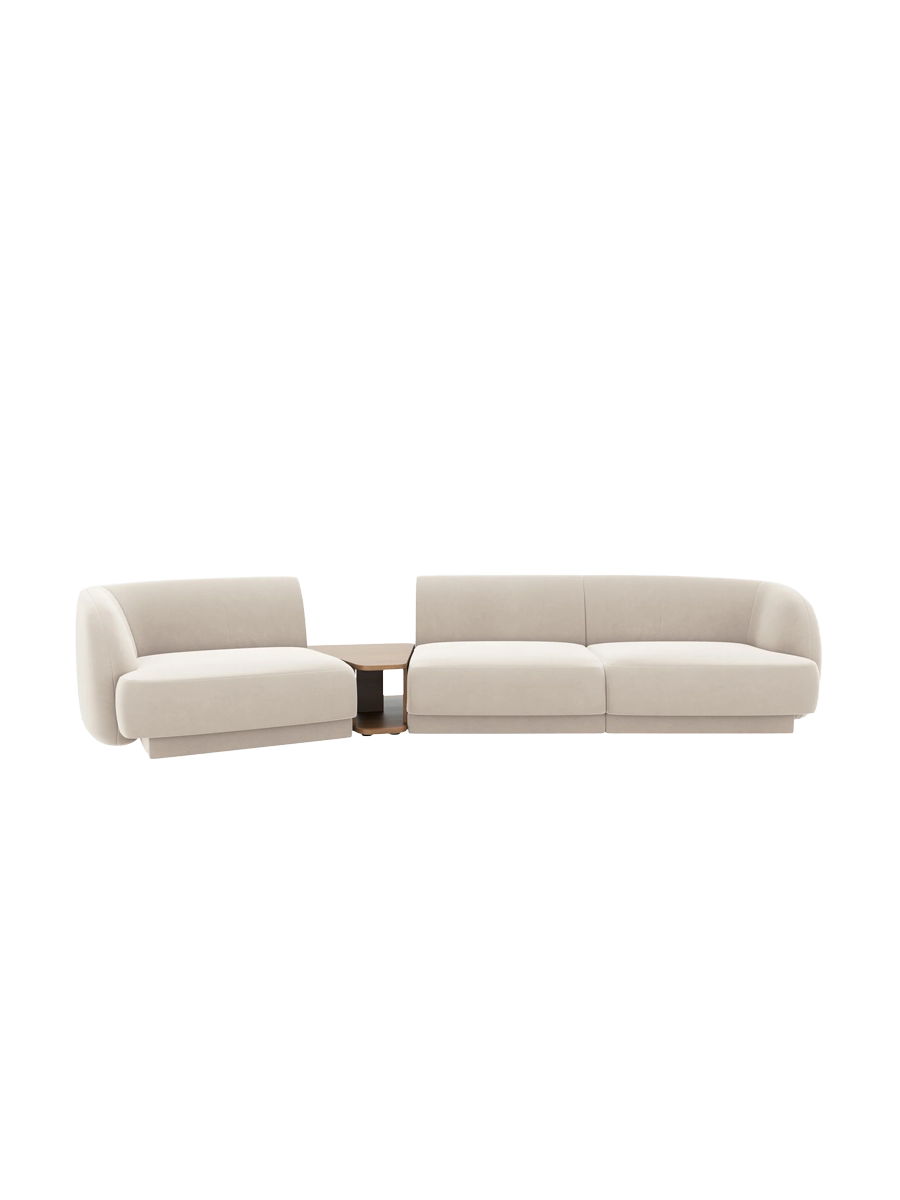 
Modulares Design Sofa „Miley“ mit Beistelltisch (3-Sitzer) - Samt Light Beige / Abgerundete Seite links