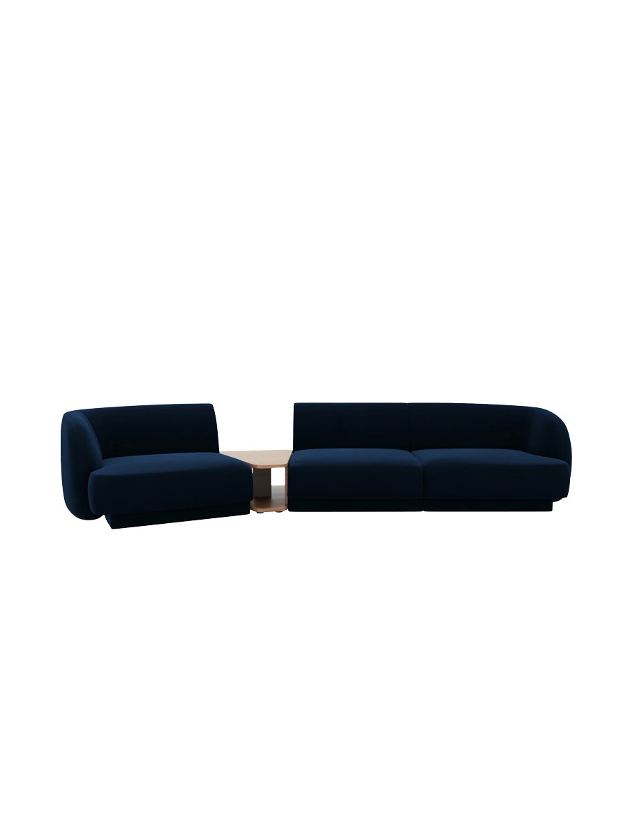 
Modulares Design Sofa „Miley“ mit Beistelltisch (3-Sitzer) - Samt Königsblau / Abgerundete Seite links