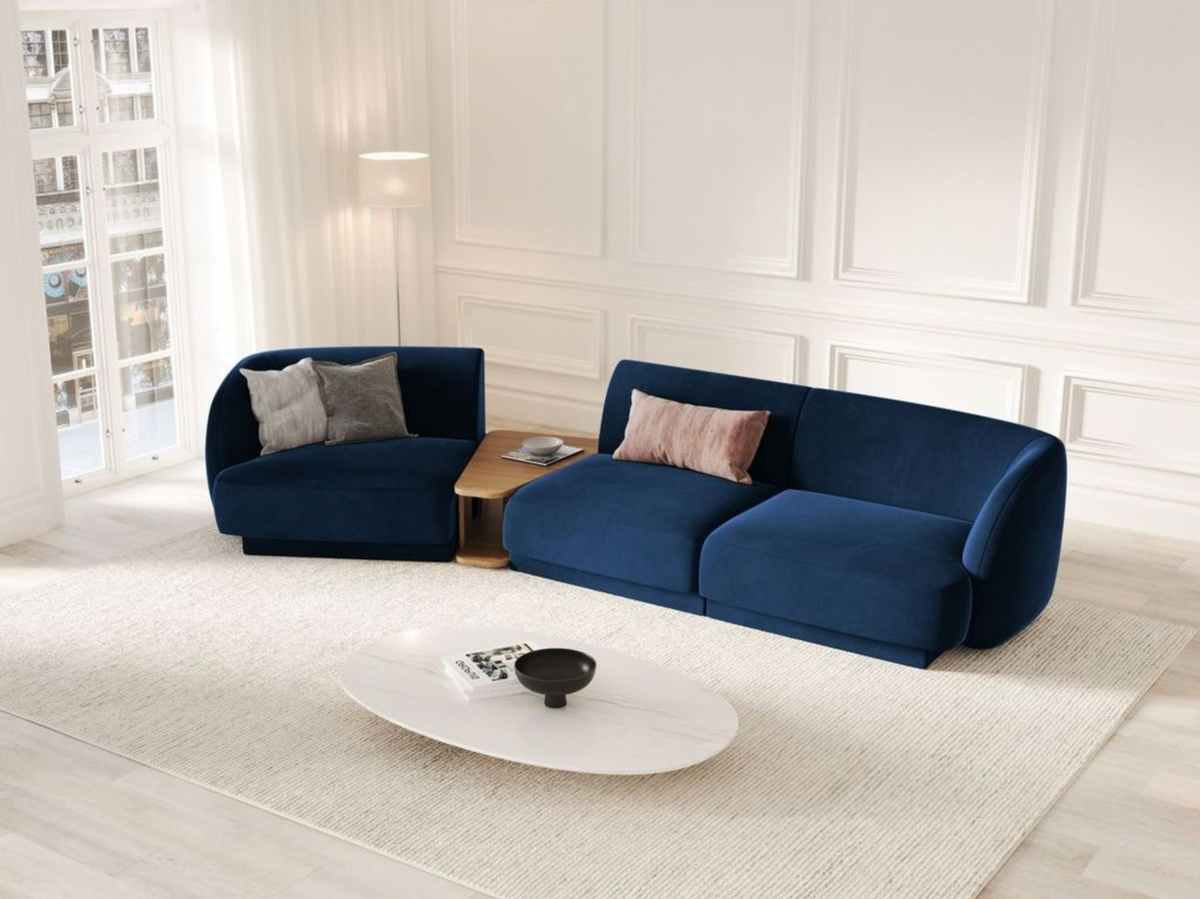 
Modulares Design Sofa „Miley“ mit Beistelltisch (3-Sitzer) - Samt Königsblau / Abgerundete Seite links