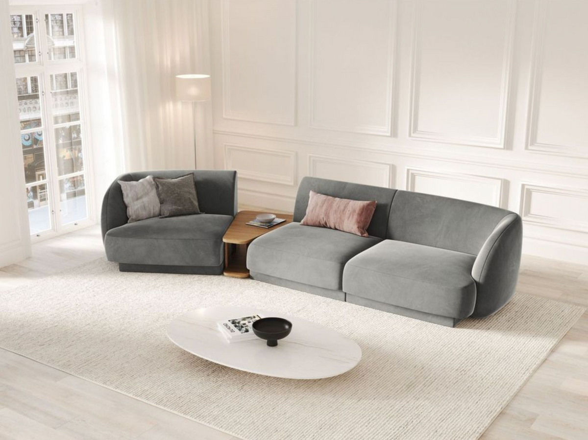 
Modulares Design Sofa „Miley“ mit Beistelltisch (3-Sitzer) - Samt Hellgrau / Abgerundete Seite links