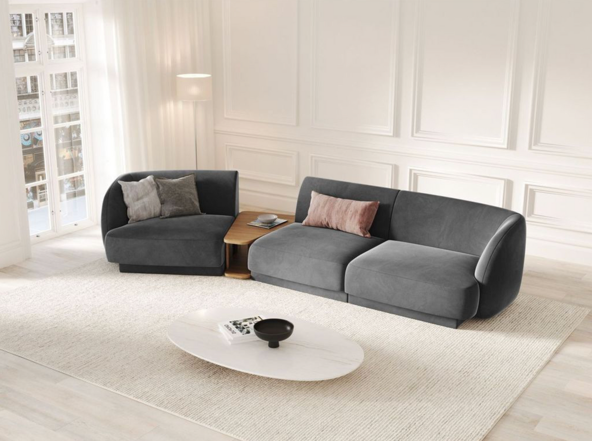 
Modulares Design Sofa „Miley“ mit Beistelltisch (3-Sitzer) - Samt Grau / Abgerundete Seite links