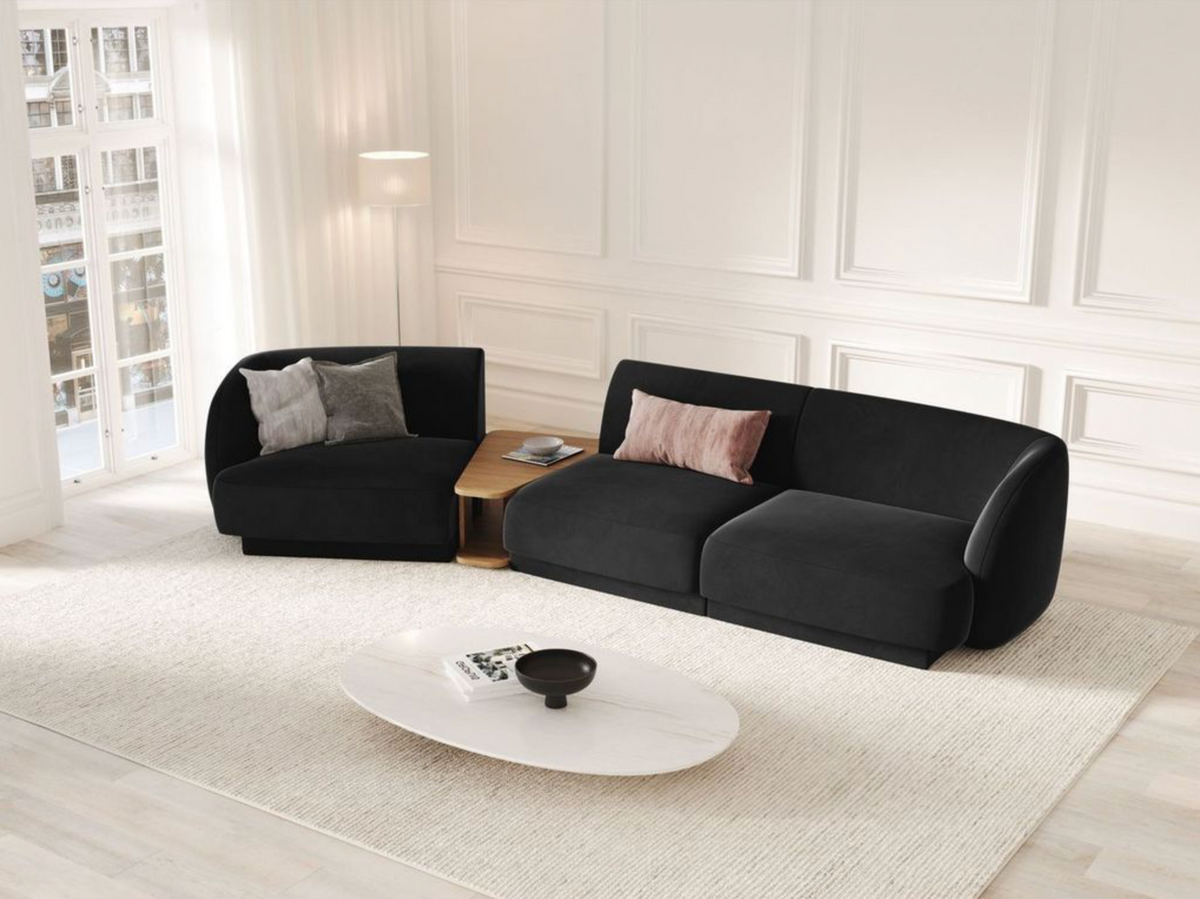 
Modulares Design Sofa „Miley“ mit Beistelltisch (3-Sitzer) - Samt Schwarz / Abgerundete Seite links