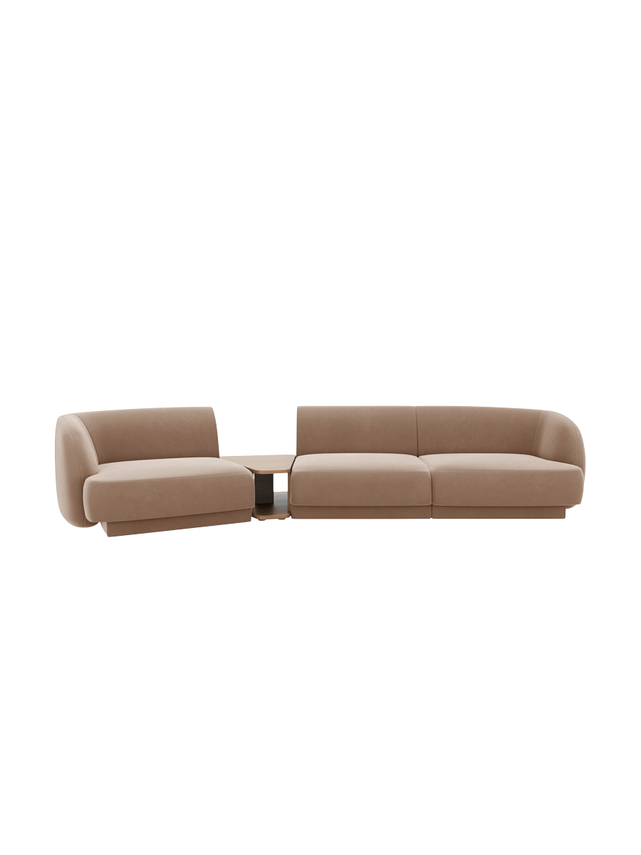 
Modulares Design Sofa „Miley“ mit Beistelltisch (3-Sitzer) - Samt Cappuccino / Abgerundete Seite links