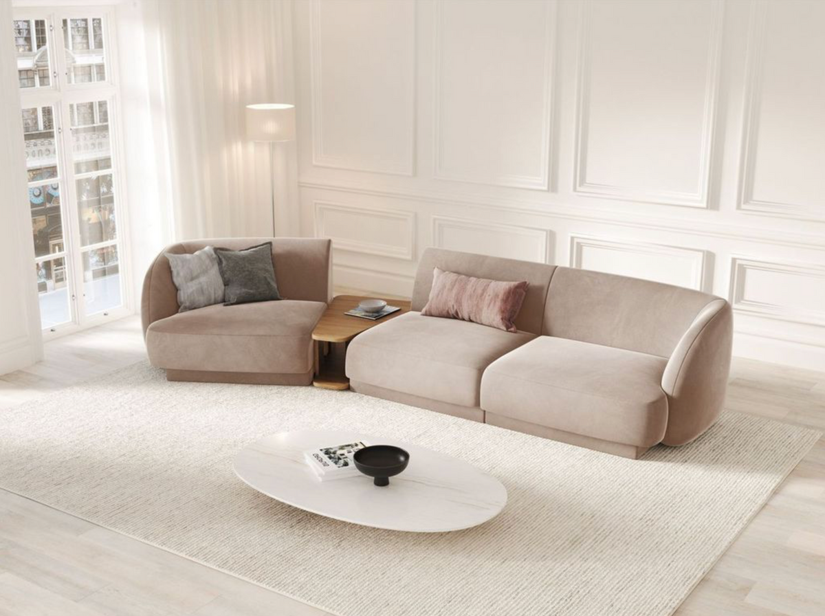 
Modulares Design Sofa „Miley“ mit Beistelltisch (3-Sitzer) - Samt Cappuccino / Abgerundete Seite links