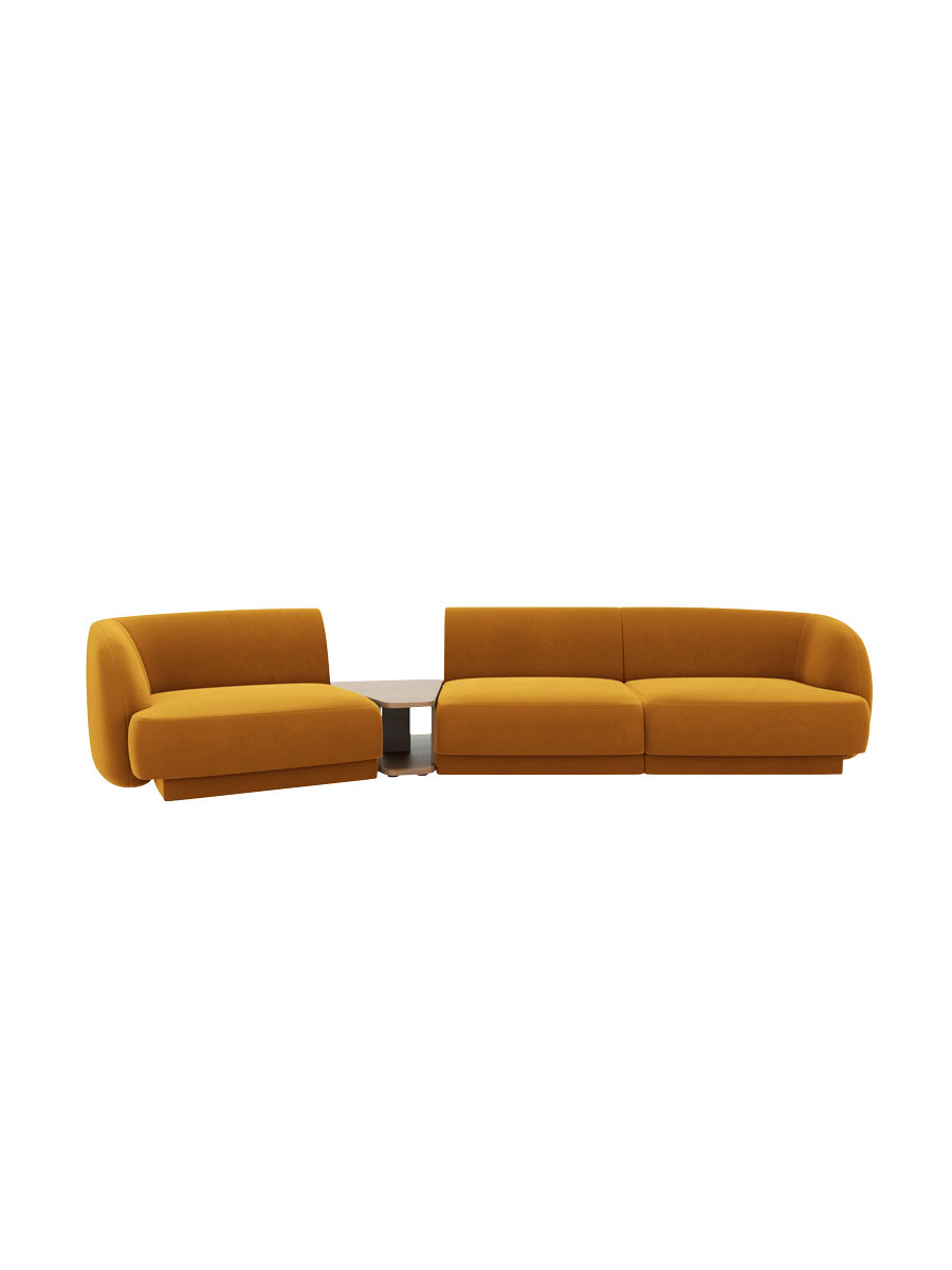 
Modulares Design Sofa „Miley“ mit Beistelltisch (3-Sitzer) - Samt Senfgelb / Abgerundete Seite links
