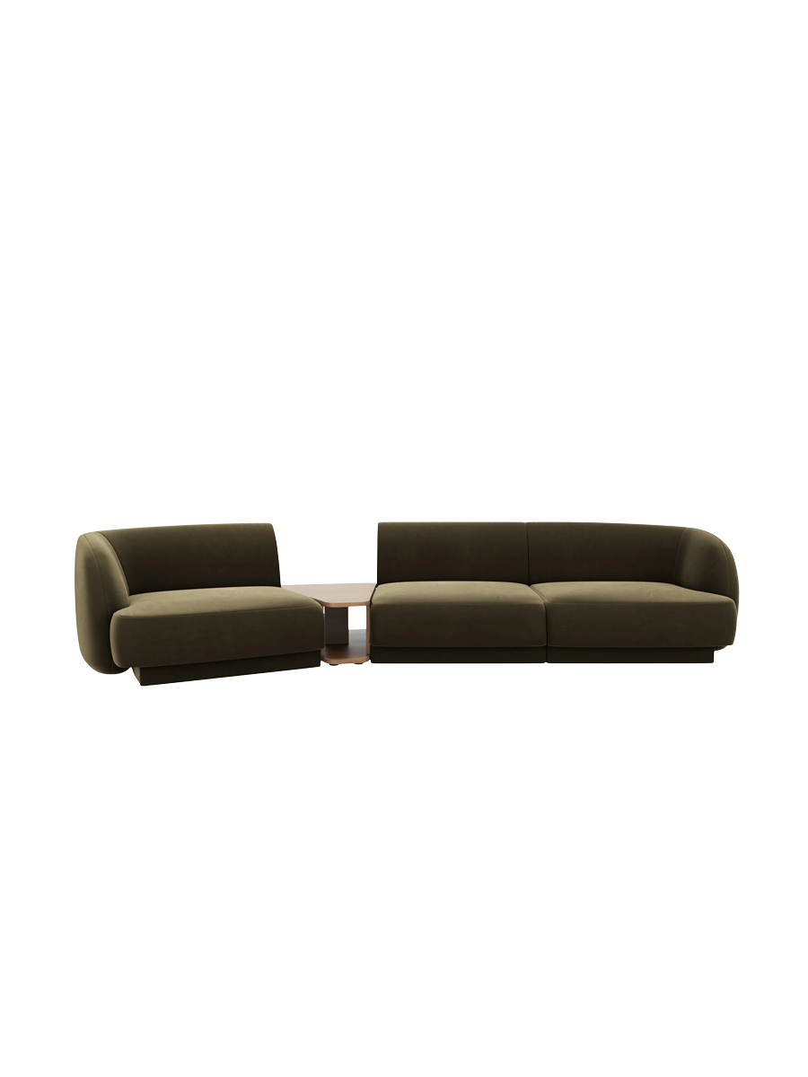 
Modulares Design Sofa „Miley“ mit Beistelltisch (3-Sitzer) - Samt Grün / Abgerundete Seite links