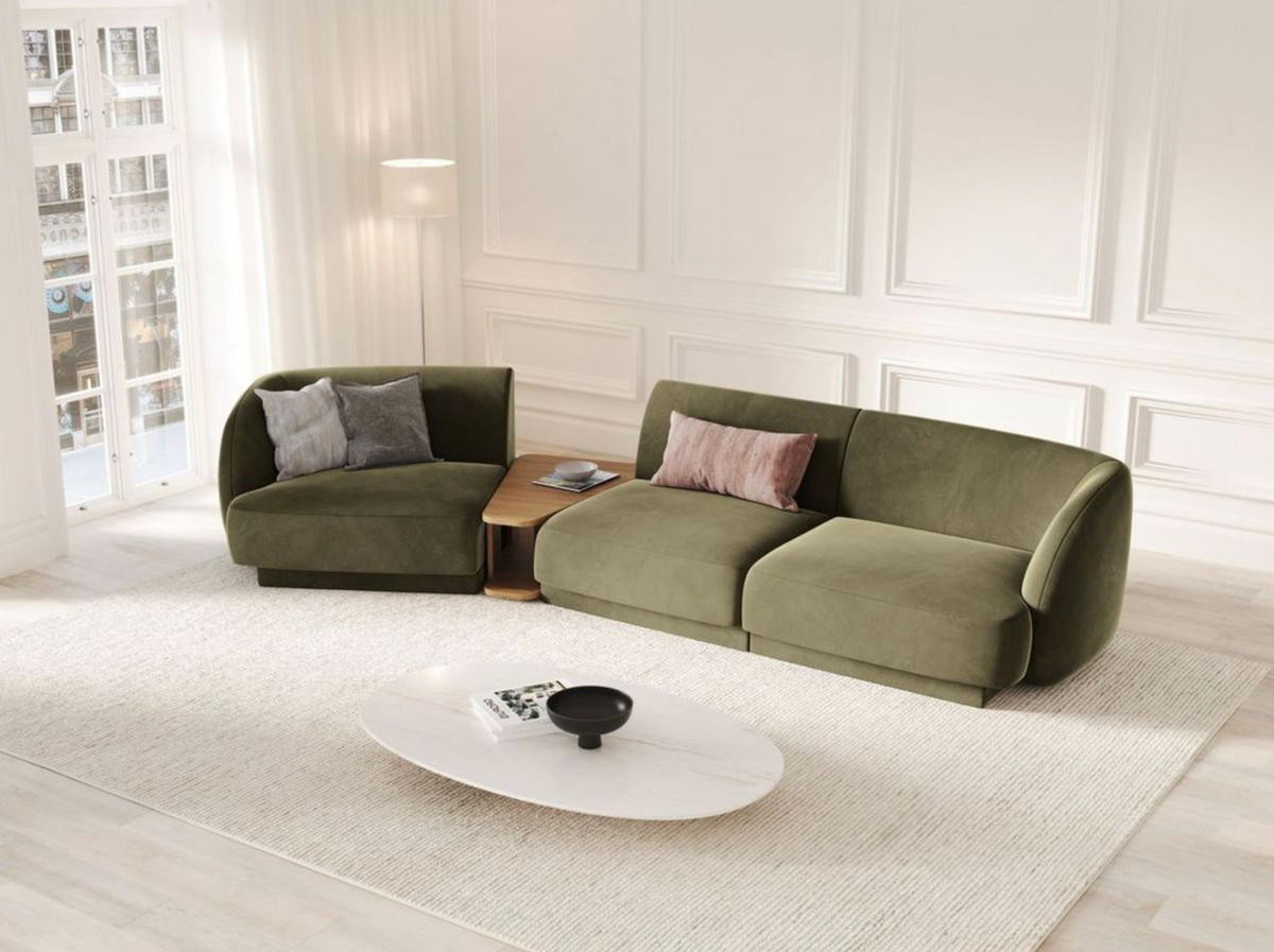 
Modulares Design Sofa „Miley“ mit Beistelltisch (3-Sitzer) - Samt Grün / Abgerundete Seite links