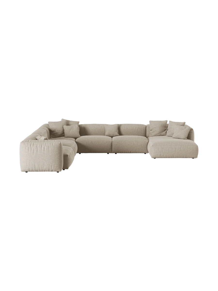 
Modular, 8-Seater Designer Panorama Sofa "Martina" - Structured Fabric Light Beige / long side left / Seat depth 90 cm