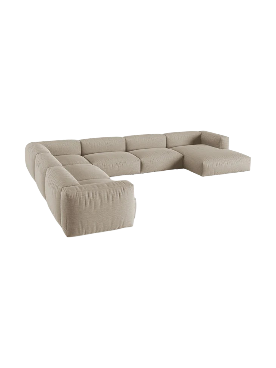 
Modular, 8-Seater Designer Panorama Sofa "Martina" - Structured Fabric Light Beige / long side left / Seat depth 90 cm