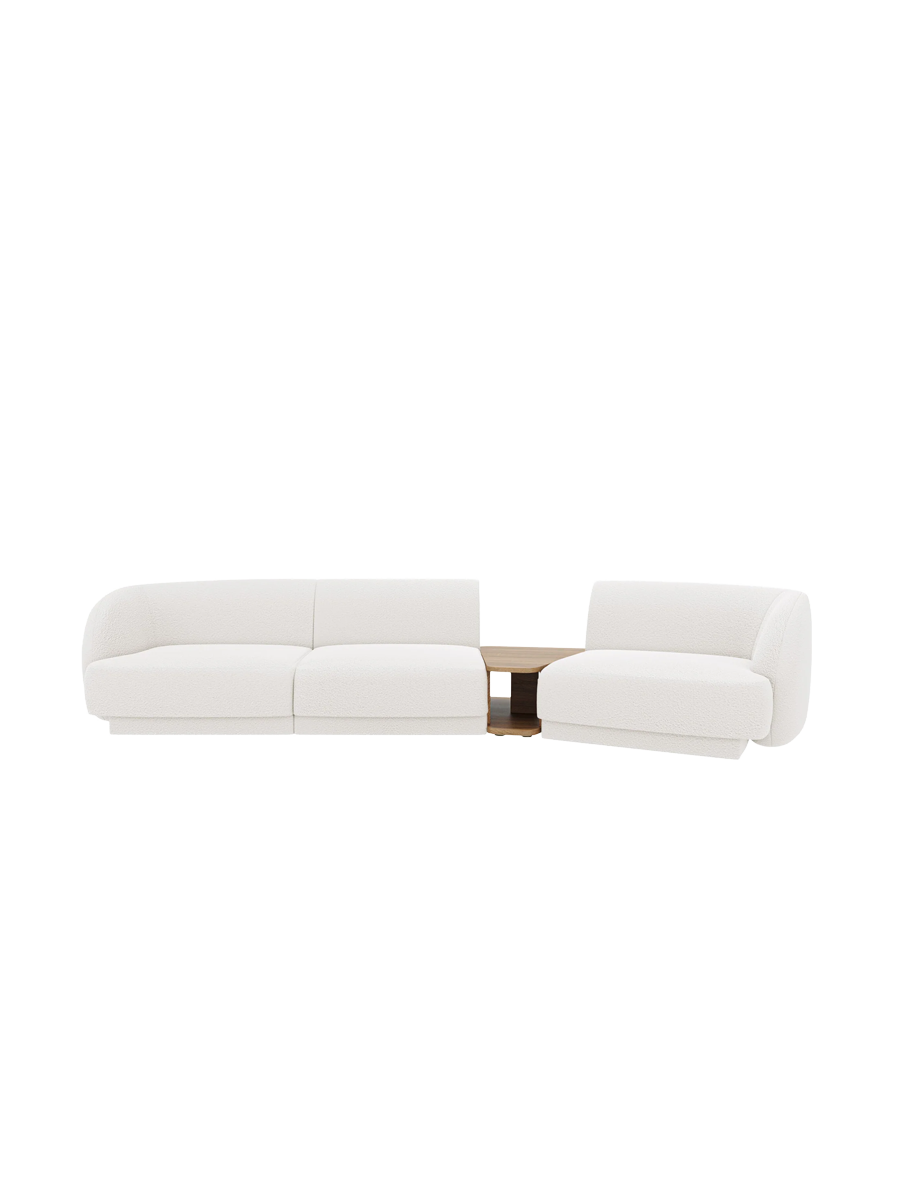 
Modulares Design Sofa „Miley“ mit Beistelltisch (3-Sitzer) - Bouclé Weiss / Abgerundete Seite rechts