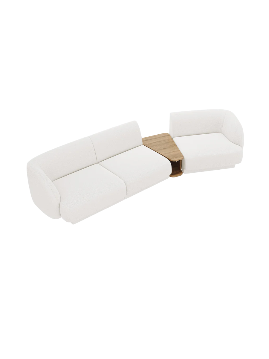 
Modulares Design Sofa „Miley“ mit Beistelltisch (3-Sitzer) - Bouclé Weiss / Abgerundete Seite rechts