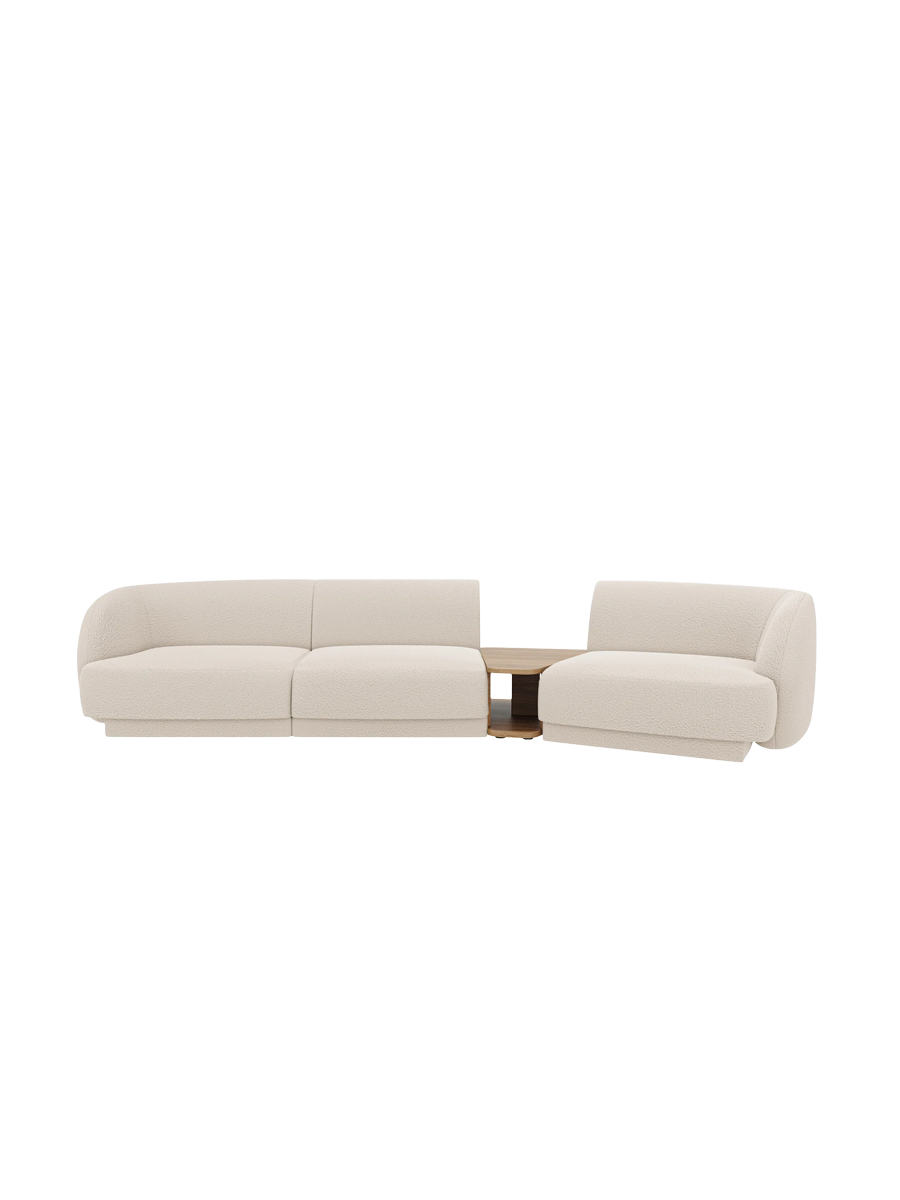 
Modulares Design Sofa „Miley“ mit Beistelltisch (3-Sitzer) - Bouclé Beige / Abgerundete Seite rechts