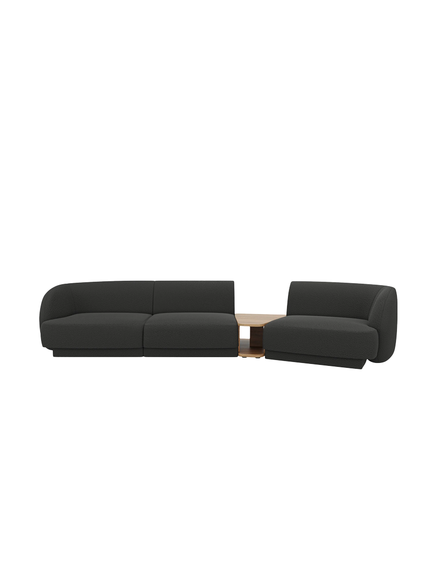 
Modulares Design Sofa „Miley“ mit Beistelltisch (3-Sitzer) - Bouclé Schwarz / Abgerundete Seite rechts