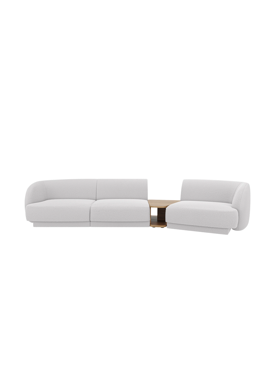 
Modulares Design Sofa „Miley“ mit Beistelltisch (3-Sitzer) - Bouclé Hellgrau / Abgerundete Seite rechts