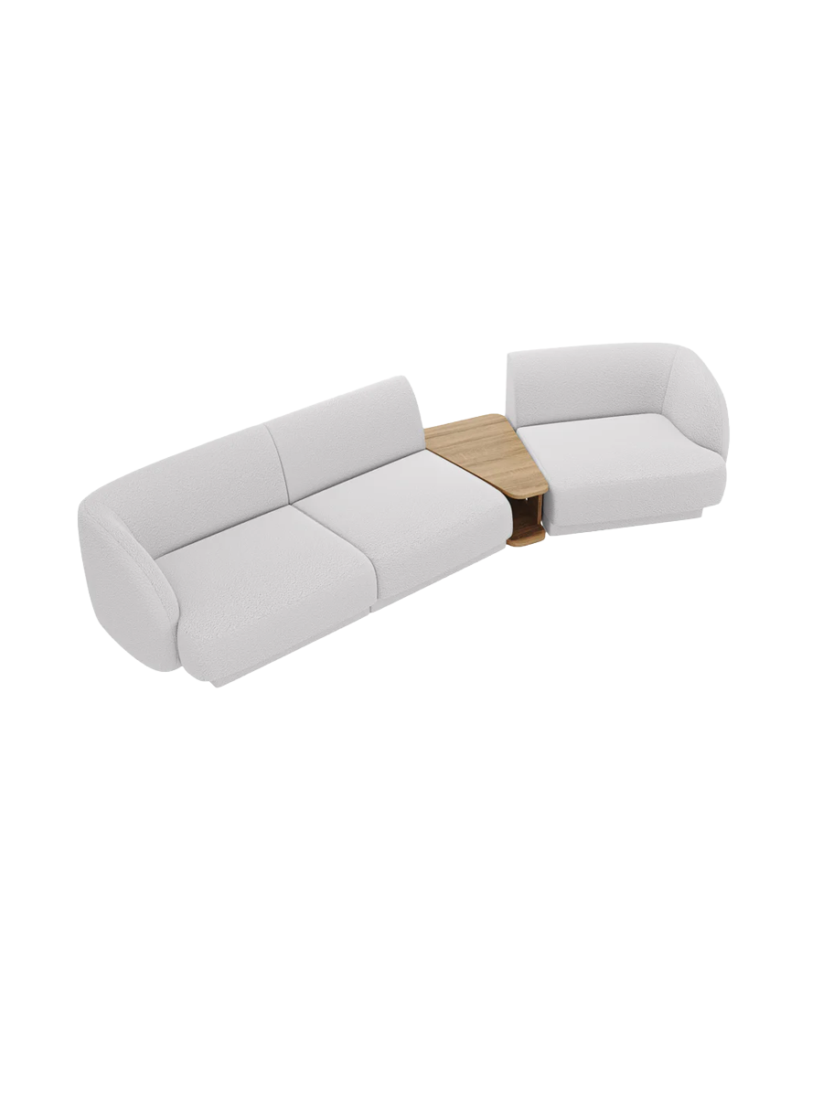 
Modulares Design Sofa „Miley“ mit Beistelltisch (3-Sitzer) - Bouclé Hellgrau / Abgerundete Seite rechts