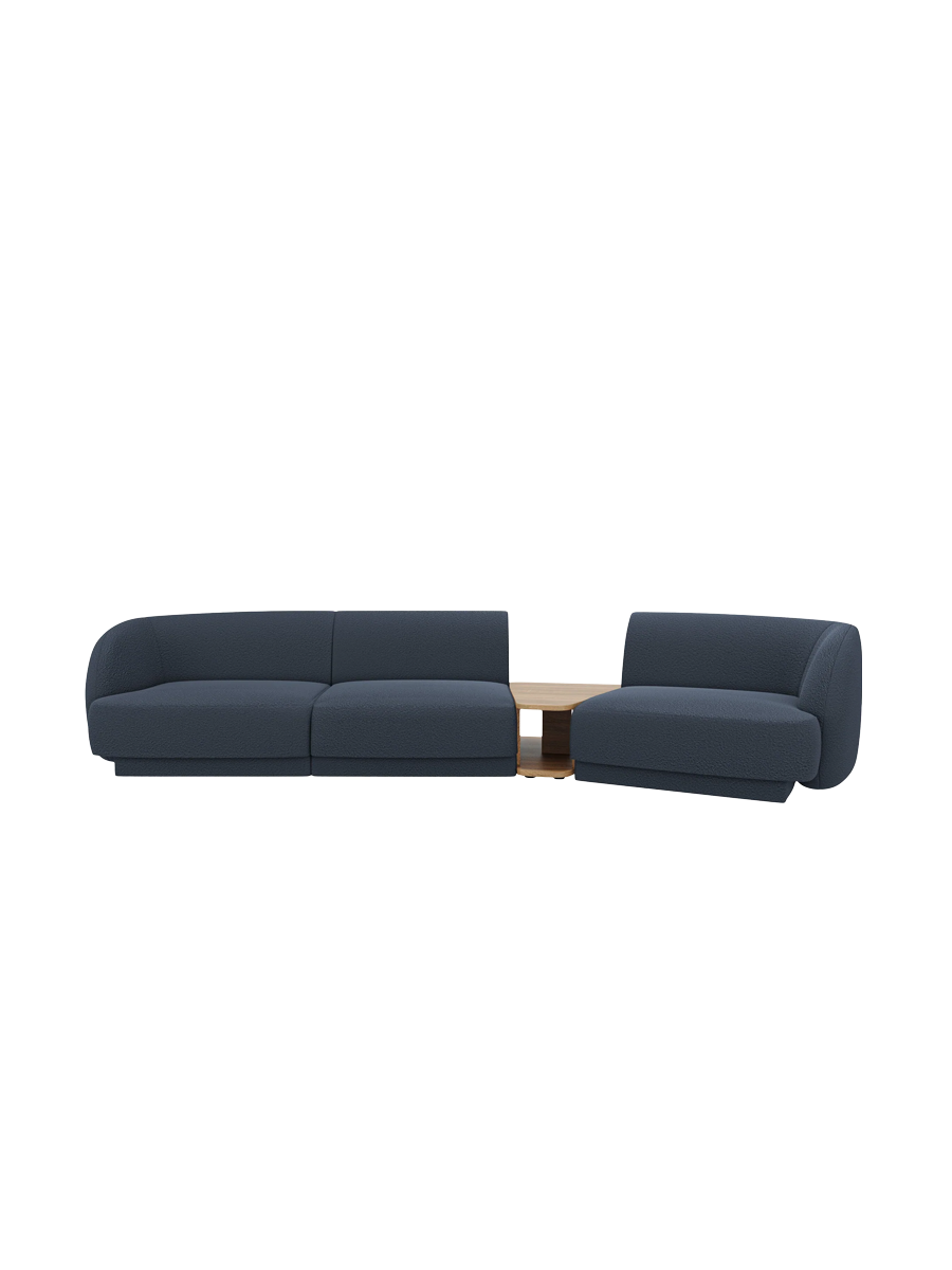
Modulares Design Sofa „Miley“ mit Beistelltisch (3-Sitzer) - Bouclé Dunkelblau / Abgerundete Seite rechts