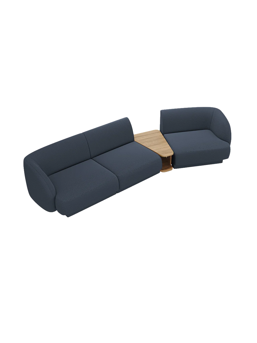 
Modulares Design Sofa „Miley“ mit Beistelltisch (3-Sitzer) - Bouclé Dunkelblau / Abgerundete Seite rechts
