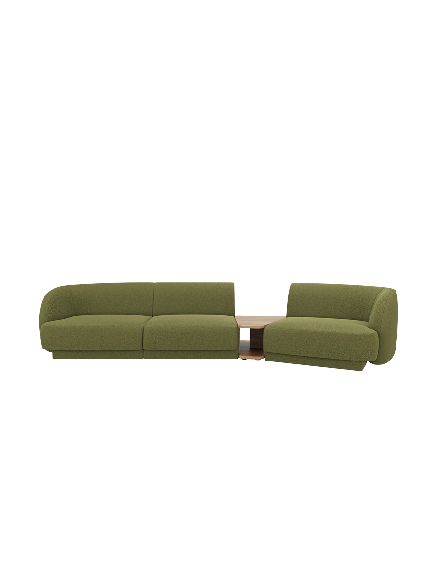 
Modulares Design Sofa „Miley“ mit Beistelltisch (3-Sitzer) - Bouclé Olivgrün / Abgerundete Seite rechts