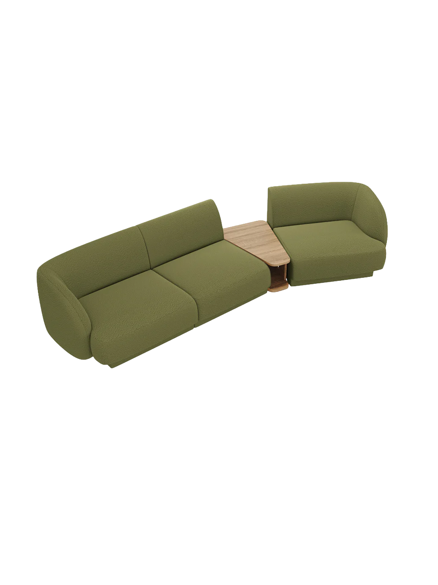 
Modulares Design Sofa „Miley“ mit Beistelltisch (3-Sitzer) - Bouclé Olivgrün / Abgerundete Seite rechts