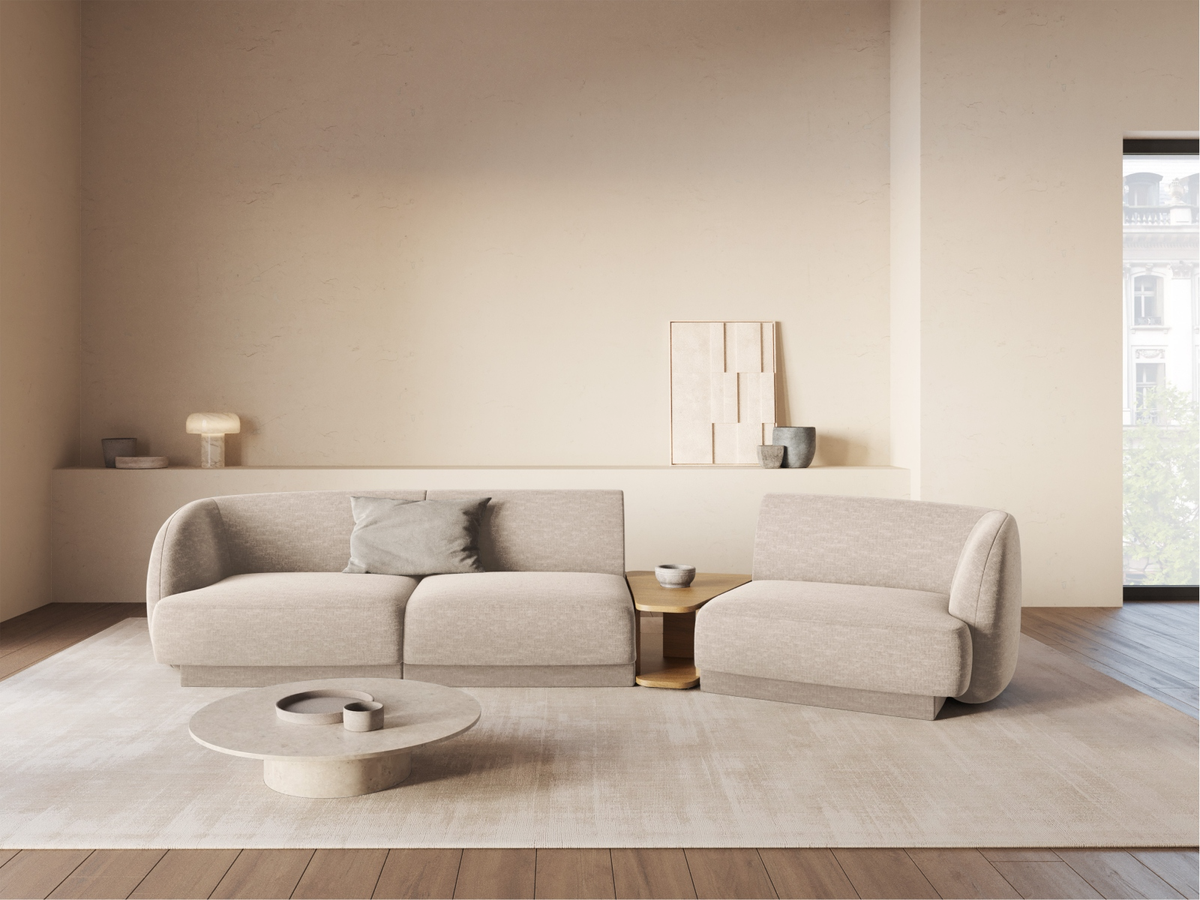 
Modulares Design Sofa „Miley“ mit Beistelltisch (3-Sitzer) - Chenille Beige / Abgerundete Seite rechts