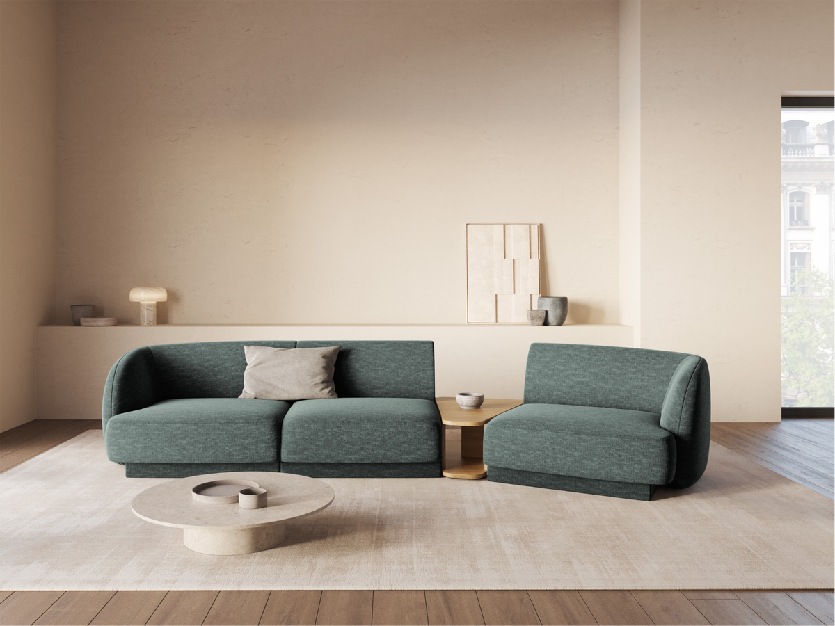 
Modulares Design Sofa „Miley“ mit Beistelltisch (3-Sitzer) - Chenille Petrol / Abgerundete Seite rechts